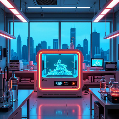 A futuristic high tech lab setting with a glowing turbidostat bioreactor at the center surrounded by.jpg