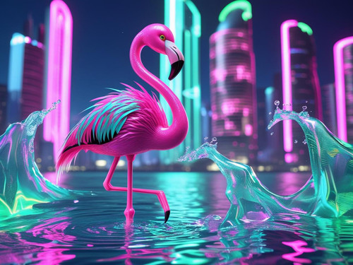 Cyber flamingo standing on neon water, surrounded by holographic waves and glowing cityscape, vibran.jpg
