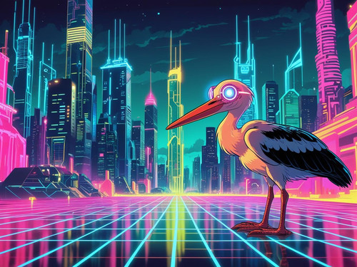 Robotic shoebill scanning a neon skyline with cyber eyes, digital grid beneath, vibrant cartoon styl.jpg