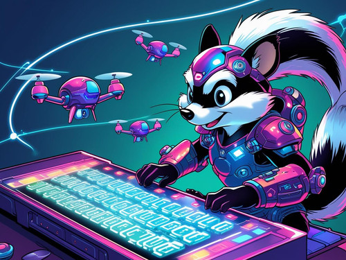 Skunk hacker in digital armor, typing on holographic screen with AI drones flying around, vibrant ca.jpg