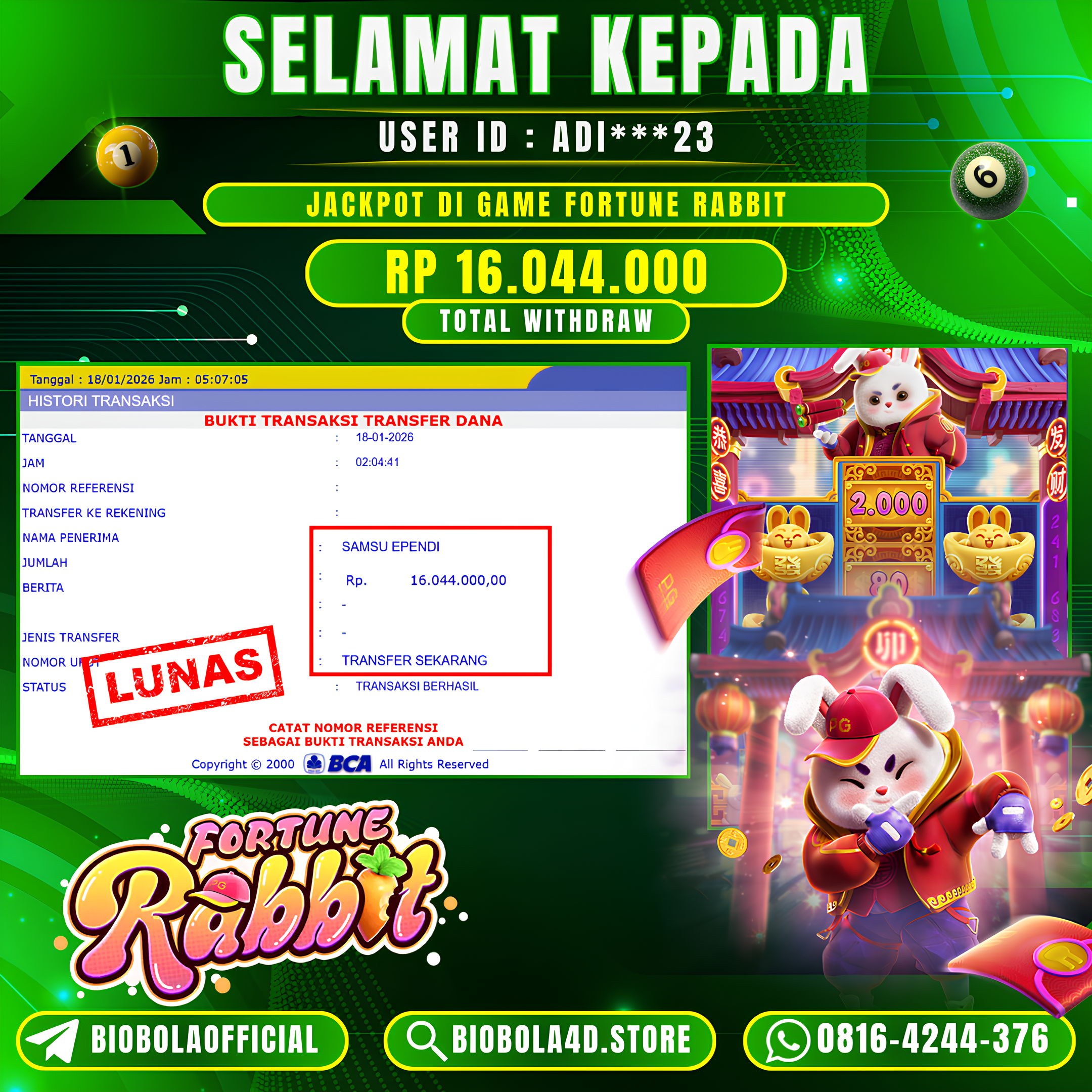 JP Fortune Rabbit PG SOFT 16 JT DI BAYAR LUNAS !!