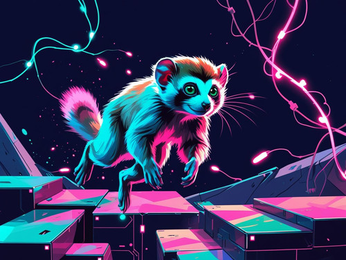 Digital marmoset leaping across augmented platforms, neon sparks, tech vines, vibrant cartoon style.jpg
