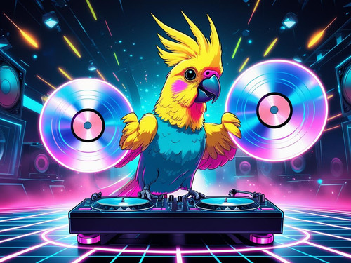 Cockatiel DJ in metaverse rave, spinning holographic disks, pulse grid below, vibrant cartoon style.jpg