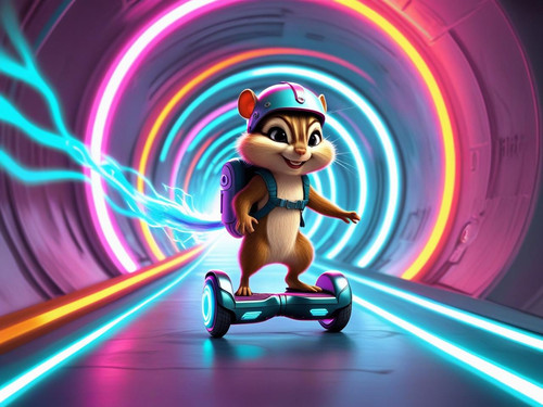 Chipmunk courier zooming through data tunnels on a hoverboard, energy trails behind, vibrant cartoon.jpg