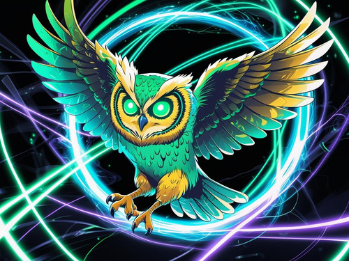 Cyber owl flying through AI code streams, glowing eyes, techno halo behind, vibrant cartoon style.jpg