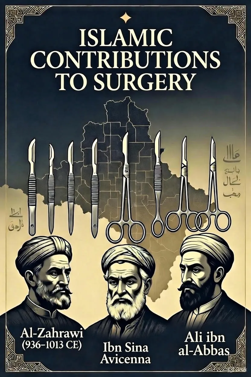 الإسهامات الإسلامية في الجراحة ملصق توضيحي تاريخي يبرز إسهامات العلماء المسلمين في علم الجراحة خلال العصور الوسطى، يتضمن صورًا لأبي القاسم الزهراوي (936-1013 م)، وابن سينا (أفيسينا)، وعلي بن عباس المجسي، مع أدوات جراحية مبتكرة مثل المشارط والمقصات، وخلفية تشمل خريطة إسلامية ونقوش عربية، مصمم بأسلوب فني خطي أنيق