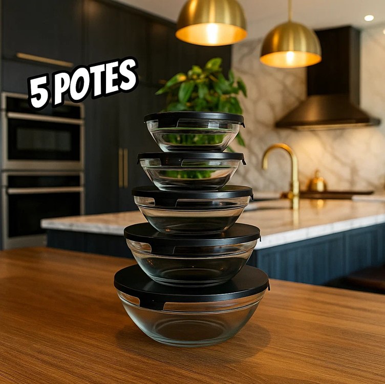 Jogo Com 5 Potes De Vidro Herméticos Com Tampa Tigela Redondo Marmita Ms Variedades E Utilidades Sortido