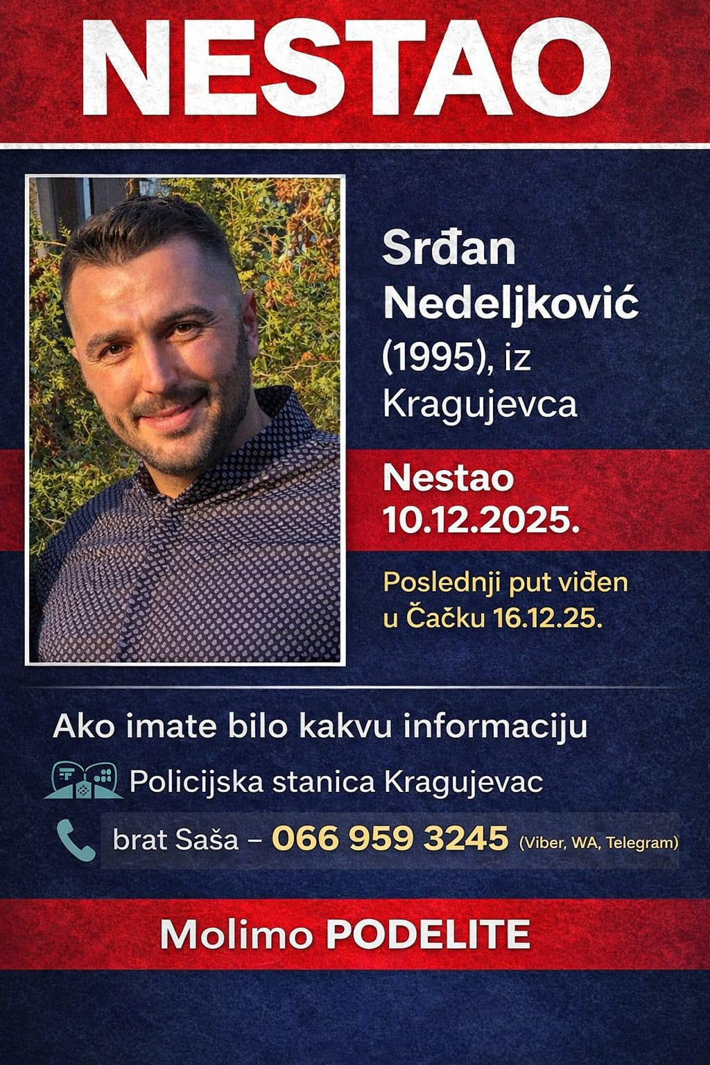 Nestao Srđan Nedeljković iz Kragujevca, porodica moli za pomoć da bi ga pronašli