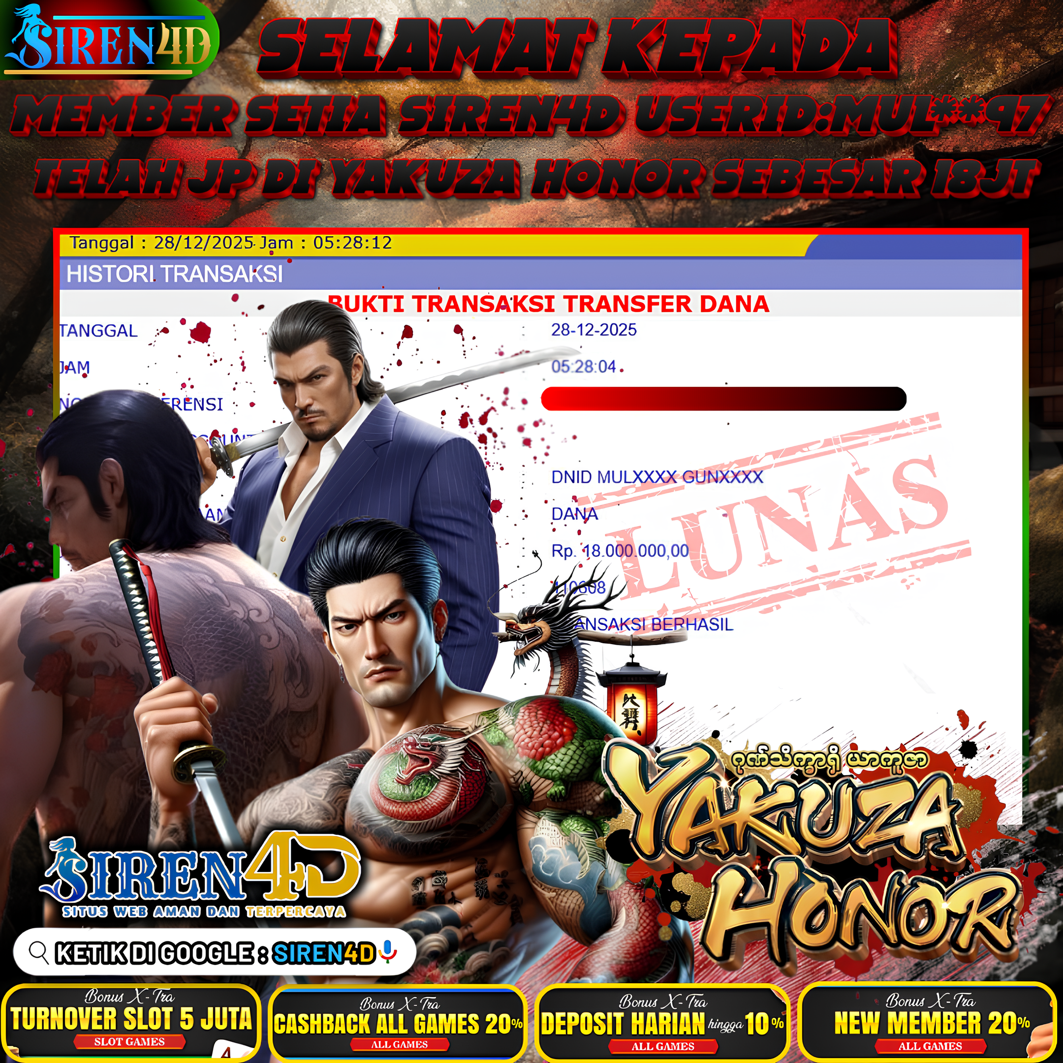 SIREN4D  - JACKPOT DI GAME YAKUZA HONOR RP 18JT DIBAYAR LUNAS