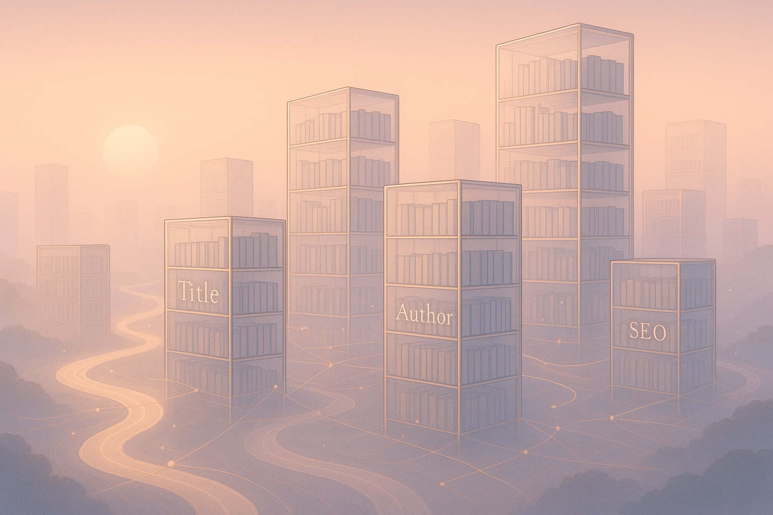 4k peaceful surreal library-city at sunrise, with stacked glass bookshelves forming skyscrapers, each shelf labeled as CMS fields Title, Slug, Author, Category, SEO. Gentle rivers of light flow between buildings to symbolize references and multi-references. Isometric view with soft pastel tones, thin gold filaments connecting nodes, delicate fog, ultra-detailed yet minimalist. A calm, contemplative scene that suggests clarity and structure.