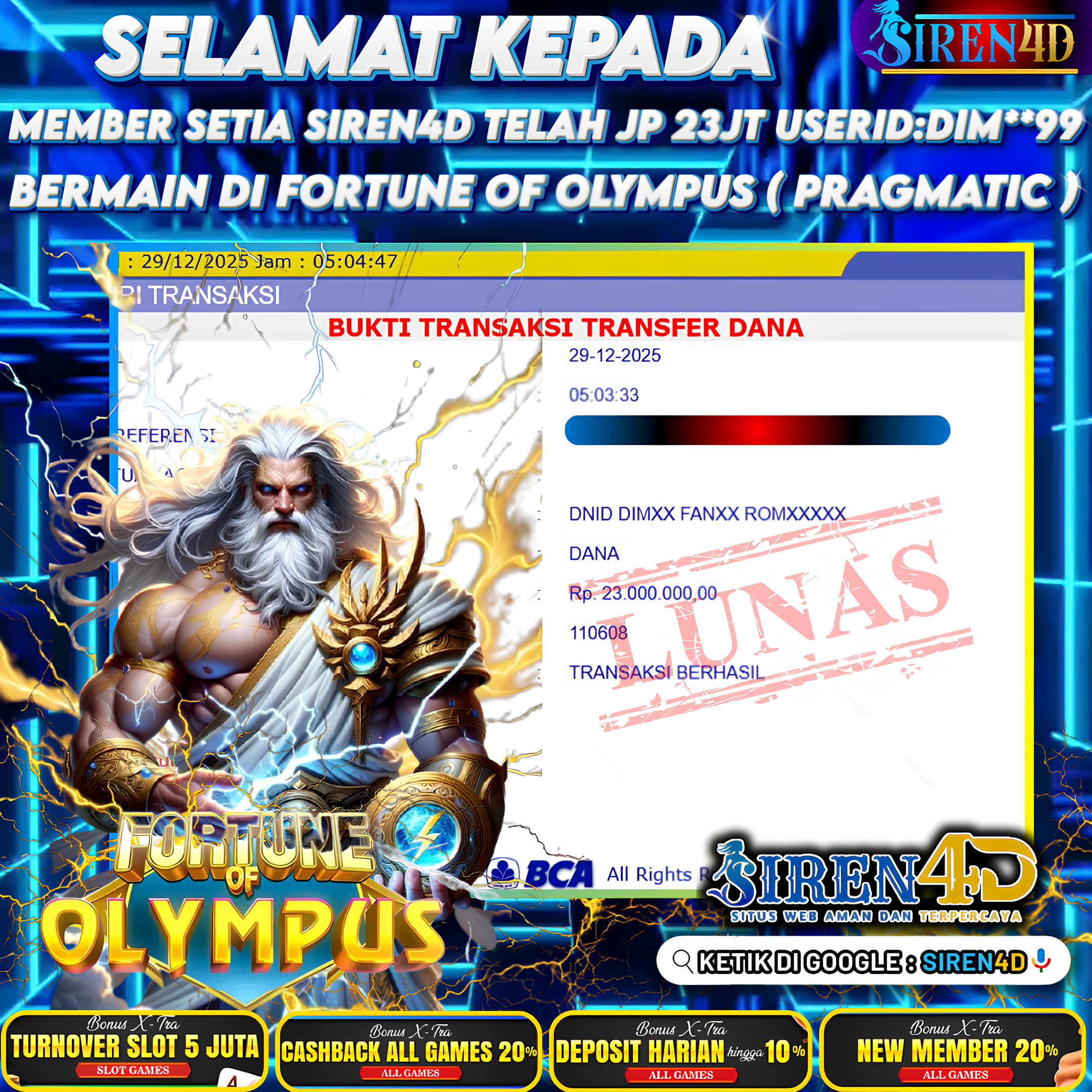SIREN4D  - TELAH JACKPOT DI GAME FORTUNE OF OLYMPUS ( PRAGMATIC)  RP 23JT DIBAYAR LUNAS