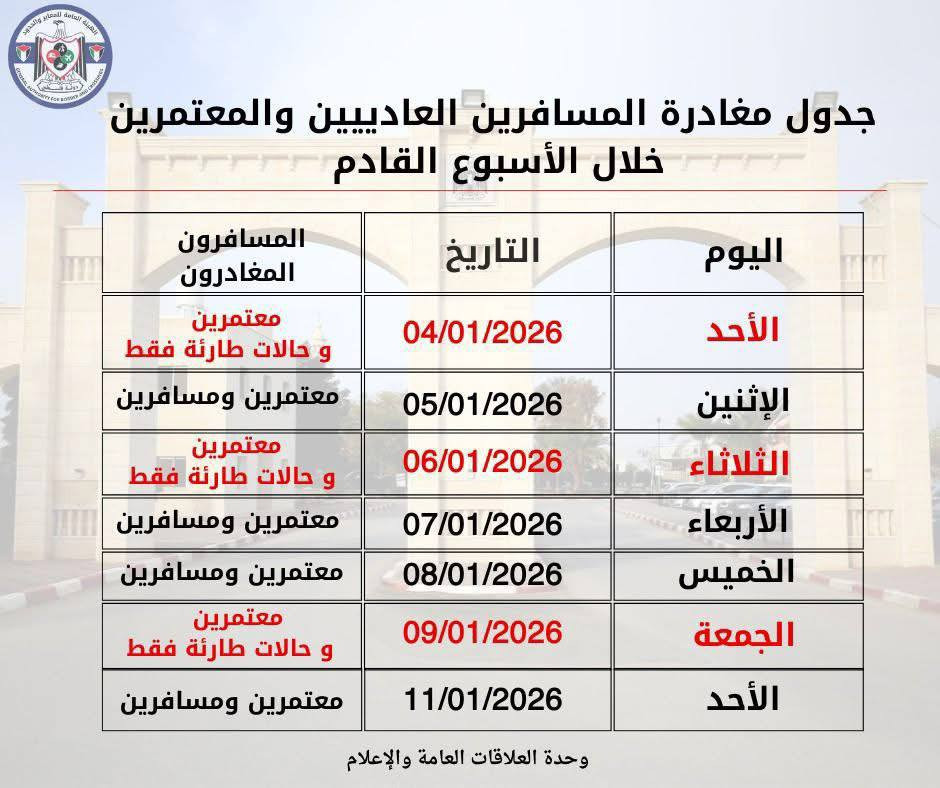 الإدارة العامة للمعابر والحدود: في إطار الاستعدادات الجارية لتنظيم حركة المسافرين والمعتمرين خلال عطلة الربيع المدرسية، نعلن عن اعتماد جدول سفر خاص خل...