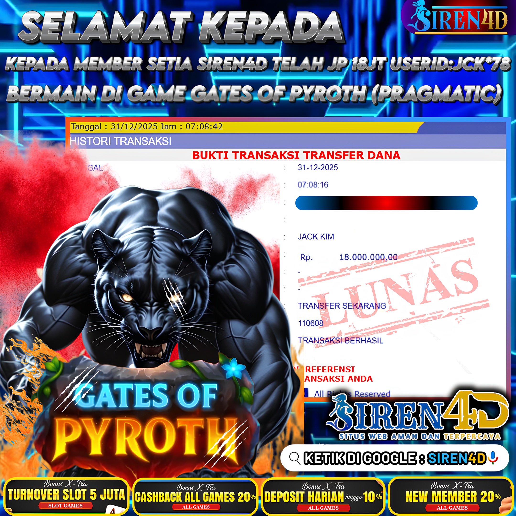 SIREN4D  - TELAH JACKPOT DI GAME GATES OF PYROTH ( PRAGMATIC)  RP 18JT DIBAYAR LUNAS