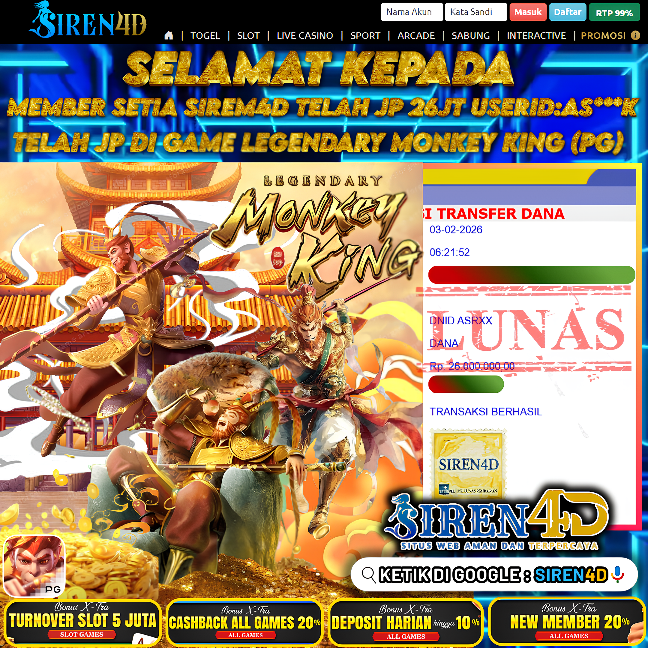 SIREN4D  - TELAH JACKPOT DI GAME  LEGENDARY MONKEY KING (PG)   RP 26JT DIBAYAR LUNAS
