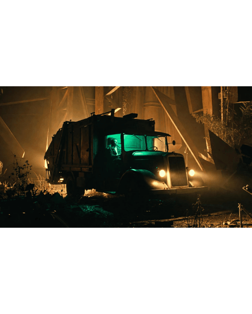 A monstrous, sentient garbage truck glowing with ethereal green energy, crushing Silicon Valley logos and bureaucratic documents under its wheels while a tiny crown sits atop its smokestack.