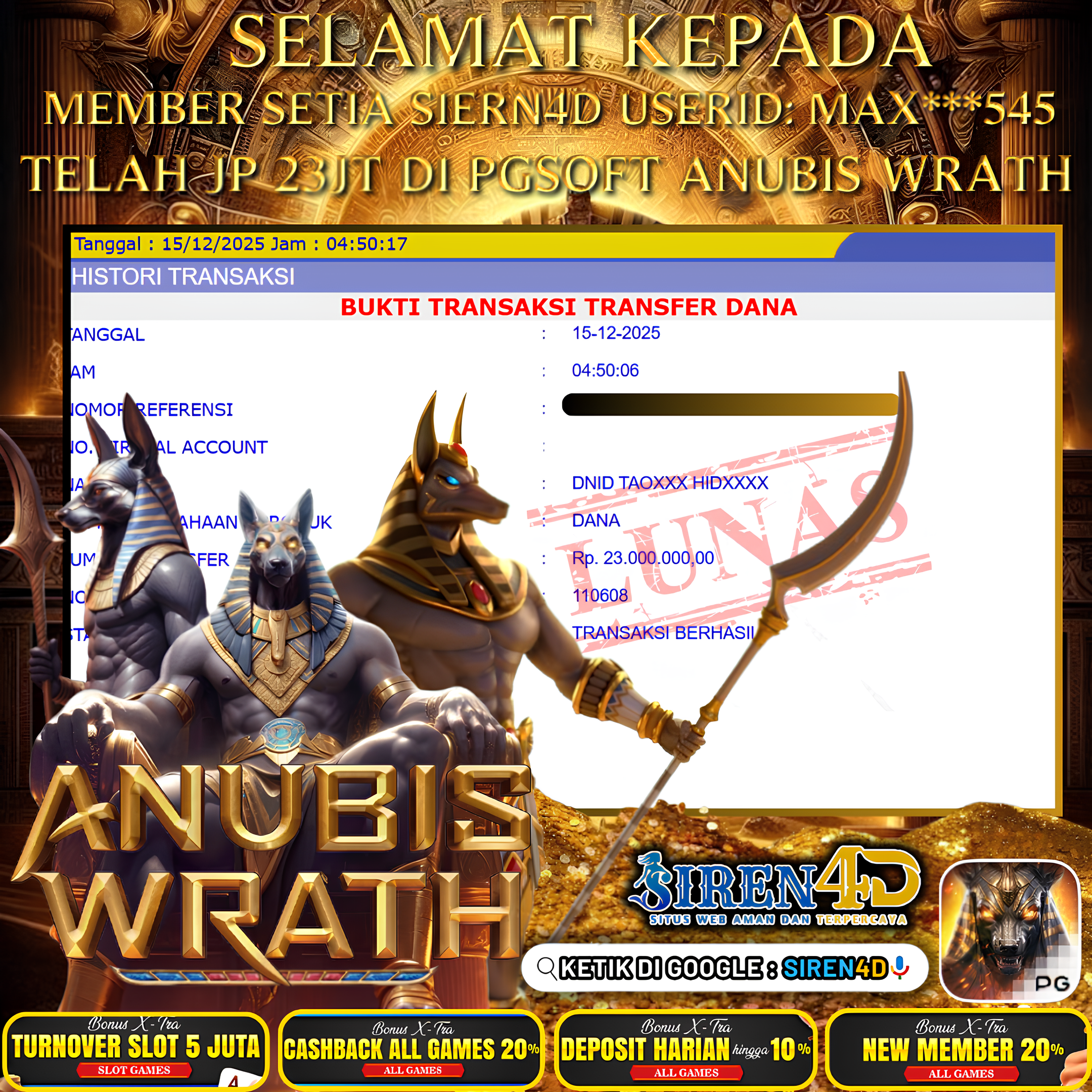SIREN4D  - JACKPOT DI GAME ANUBIS WRATH RP 23JT DIBAYAR LUNAS