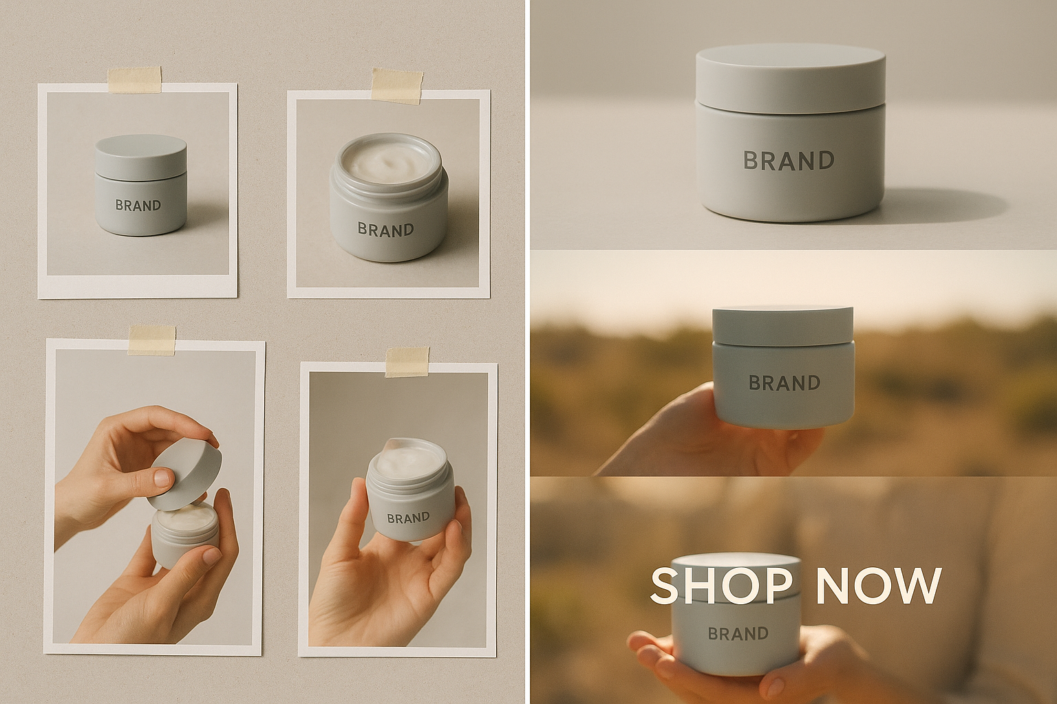 A split-screen, hyperreal product storytelling: left pane shows raw reference photos taped to a virtual board; right pane displays the polished final video frames—a glossy product spin, lifestyle scene in warm sunlight, and bold end-card CTA. Clean editorial composition, shallow DOF, subtle grain, modern color grading, elegant typography overlays.