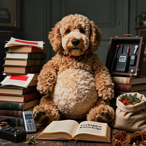 Big Belly Bob BBB a plush labradoodle with an absurdly large spherical belly sitting on a pile of co.jpg
