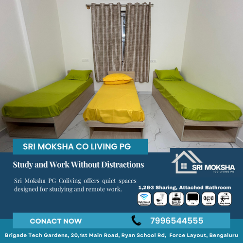 Sri Moksha PG Coliving offers quiet spaces perfect for studying and remote work.