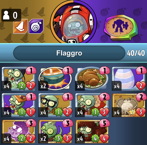 Aggro
Spark cost: 4,500 (budget)
Overwhelm opponents with lots of stats from Flag Zombie and Unlife of the Party. Gizzard can decide races while being played on top of weaker zombies