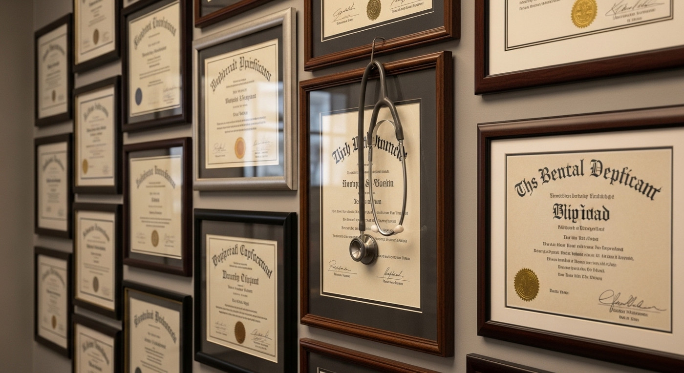 Стена с дипломами и стетоскопом