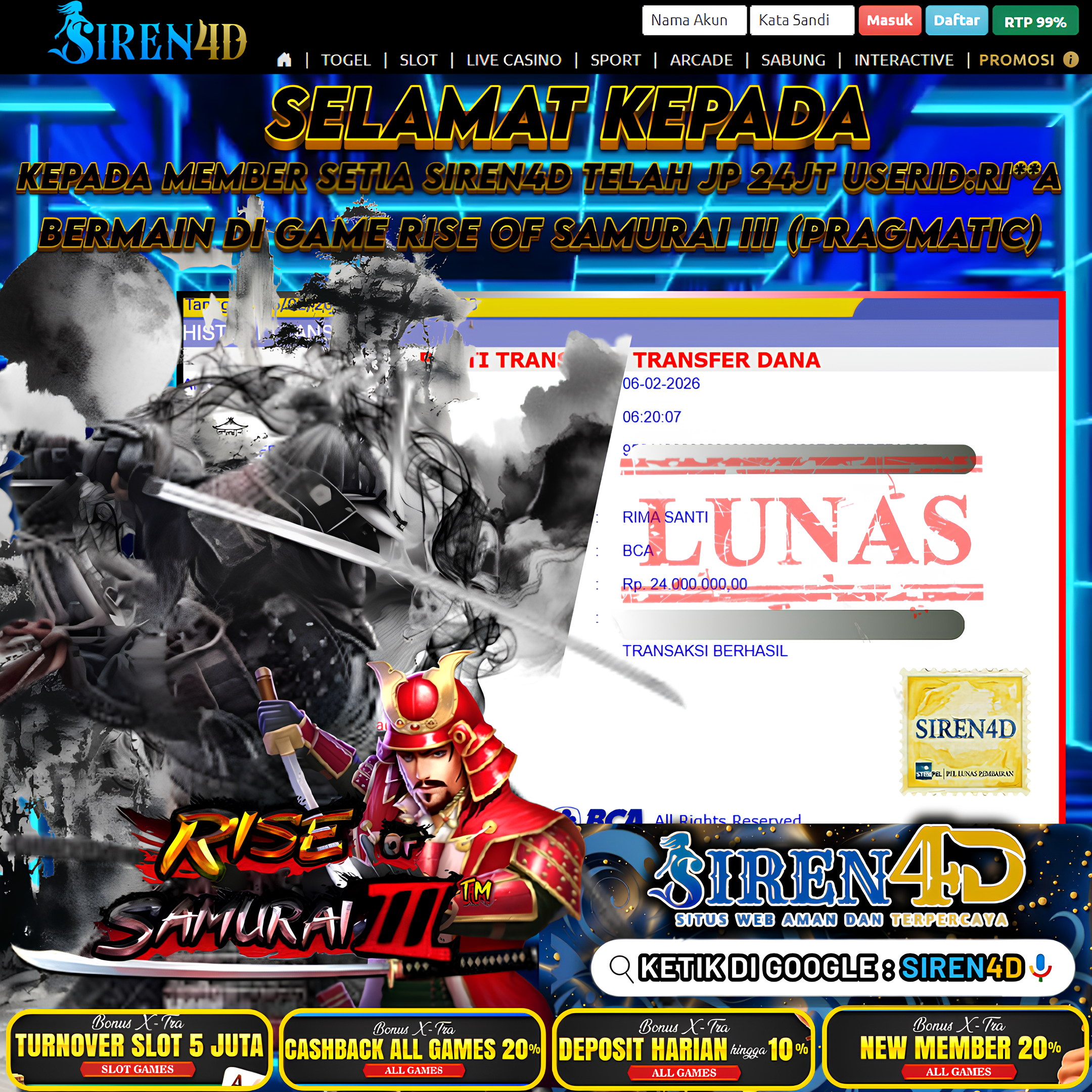 SIREN4D  - TELAH JACKPOT DI GAME  RISE OF SAMURAI III (PRAGMATIC)   RP 24JT DIBAYAR LUNAS