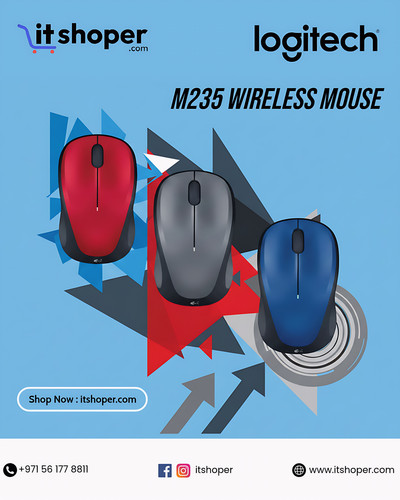 Logitech M235 wireless mouse in red gray and blue colors displayed on a modern background from best .jpg