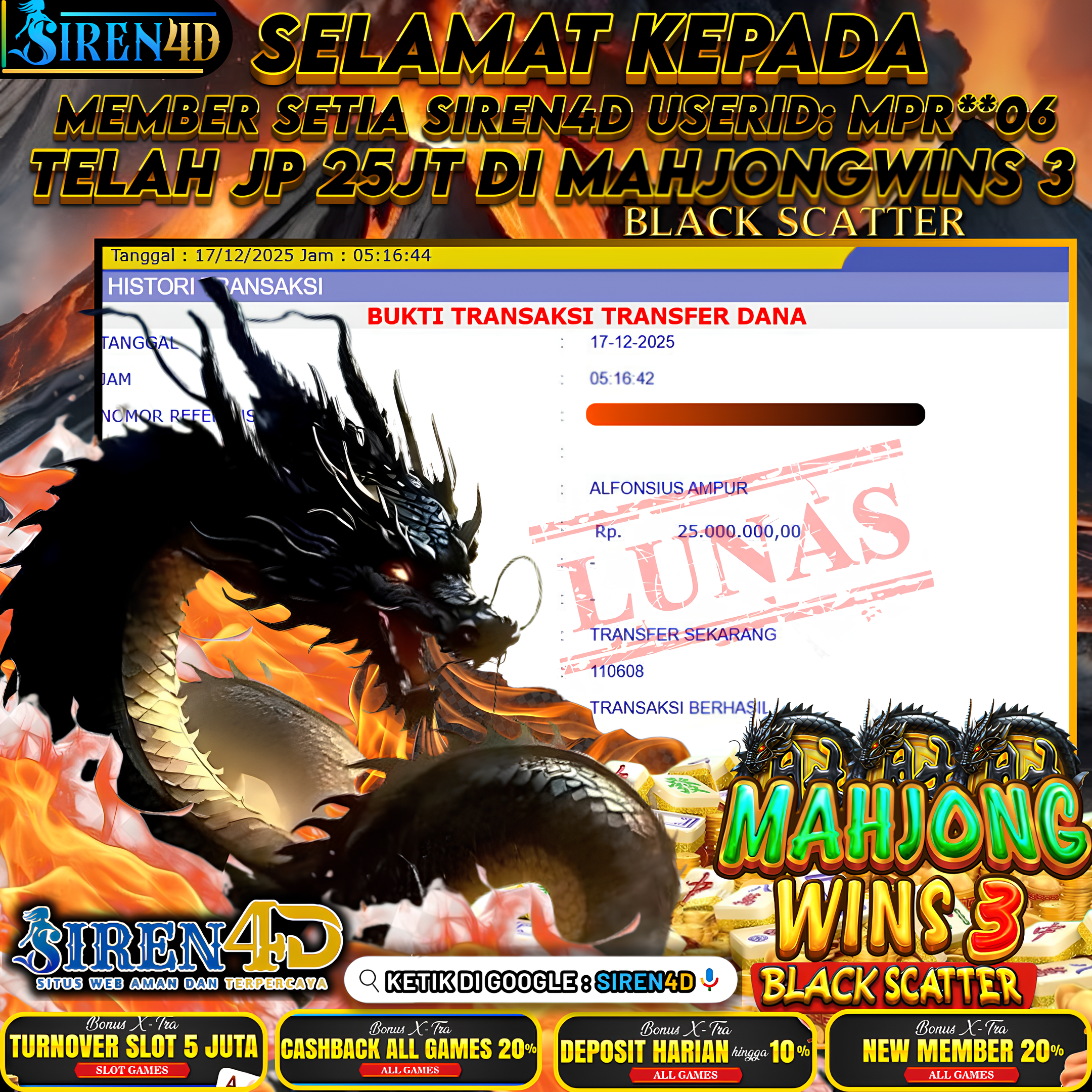 SIREN4D  - JACKPOT DI GAME MAHJONG WINS 3 BLACK SCATTER RP 25JT DIBAYAR LUNAS