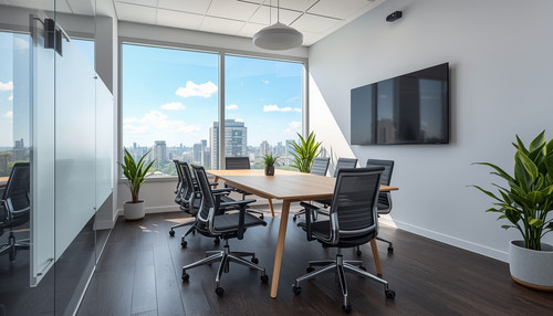 lucid origin A modern huddle room with a wooden table and ergonomic chairs surrounded by a gl 0.jpg