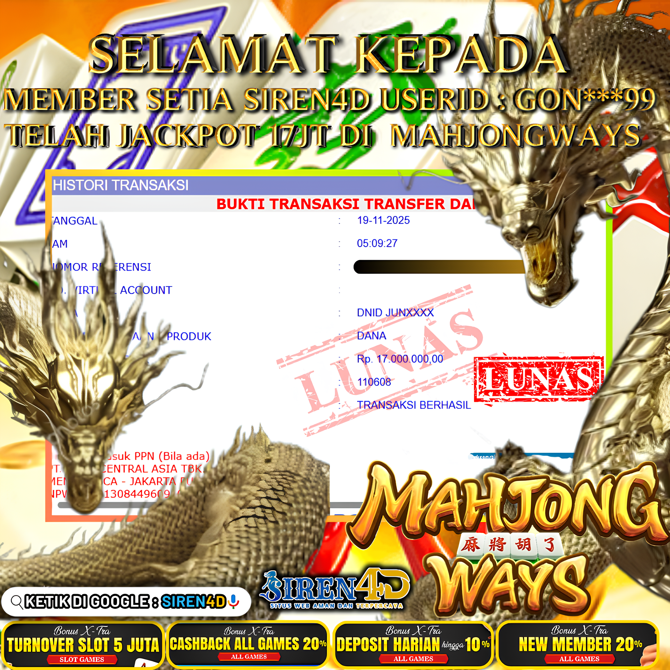 SIREN4D  - JACKPOT DI GAME MAHJONGWAYS RP 17JT DIBAYAR LUNAS