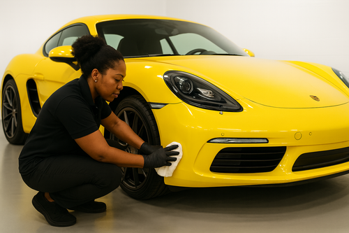Black girl wiping a yellow car.png