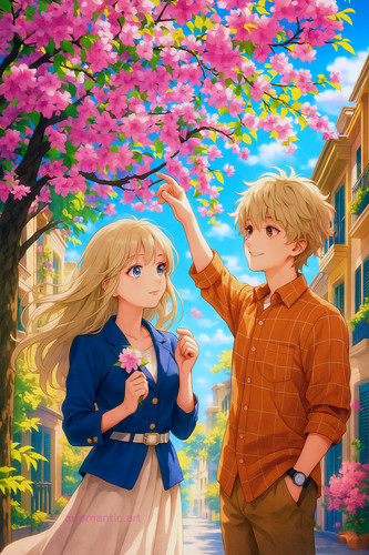 20251115 1919 Anime Couple Blossoms remix 01ka3wa9d2ec2988c9p7zxm6f8.jpg