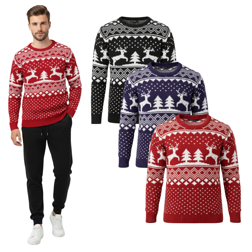 Unisex Ugly Christmas Sweater Size Chart USA S to 2XL - Santa Reindeer Fair Isle Holiday Jumper