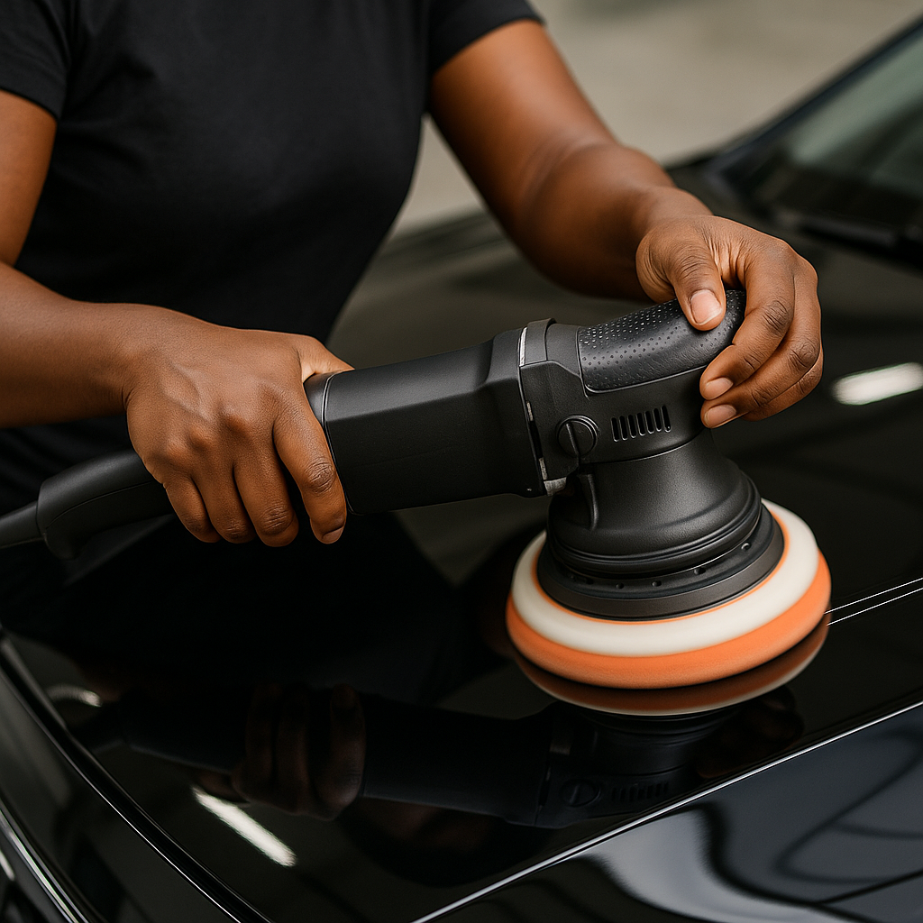 Hands of a Black woman holding a dual action polisher on a glossy black hood