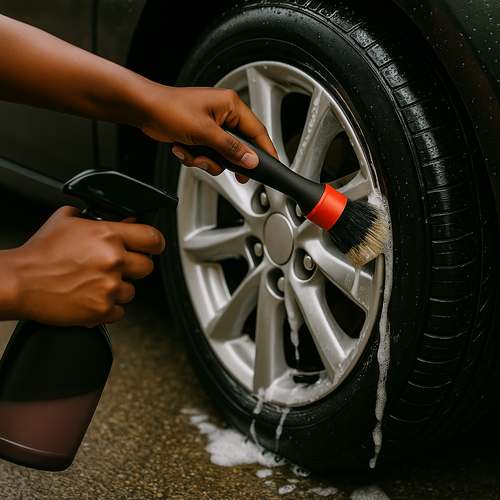 Black girl cleaning tires.png