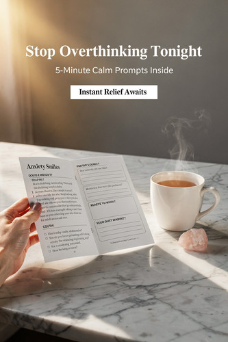 Zainab Lunje Hand gently holding open printable anxiety journal on marble desk 906f25d9 a444 41ac 81.1