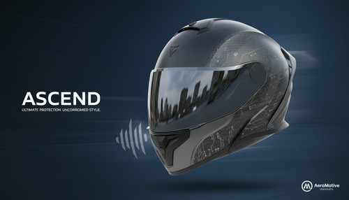 An ad campaign poster for modern motorcycle helmets with slick and modern design and features showca.1