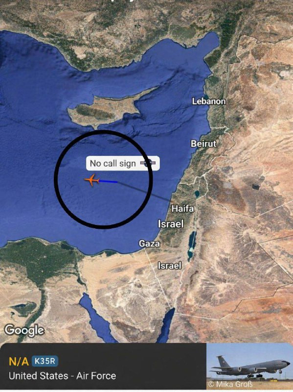 طائرة تزود بالوقود أمريكية ثانية تحلق مقابل سواحل لبنان وفلسطين المحتلة، مع وجود نظام تشويش على مكان انطلاق الطائرة وإغلاق جهاز الإشارة الخاص بها....