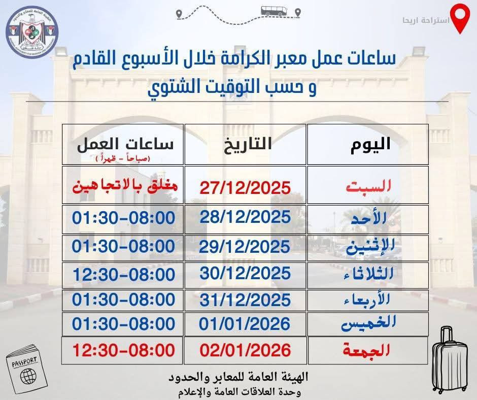 يعمل معبر الكرامة يوم غدٍ الخميس 08/01/2026، من الساعة الثامنة صباحاً حتى الساعة الواحدة والنصف ظهراً في كلا الاتجاهين حسب توقيت القدس....