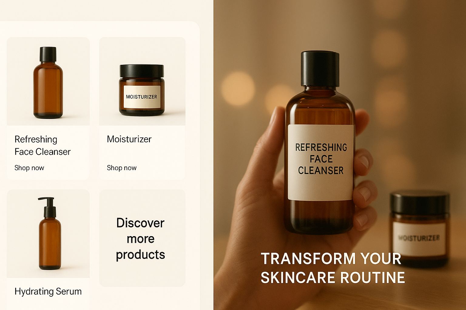 A split-screen composition showing an online store feed transforming into cinematic video scenes. Left side: minimalist product cards and text prompts; right side: glossy video frames with consistent packaging and flowing captions. Warm studio lighting, shallow depth of field, photoreal details, subtle bokeh.