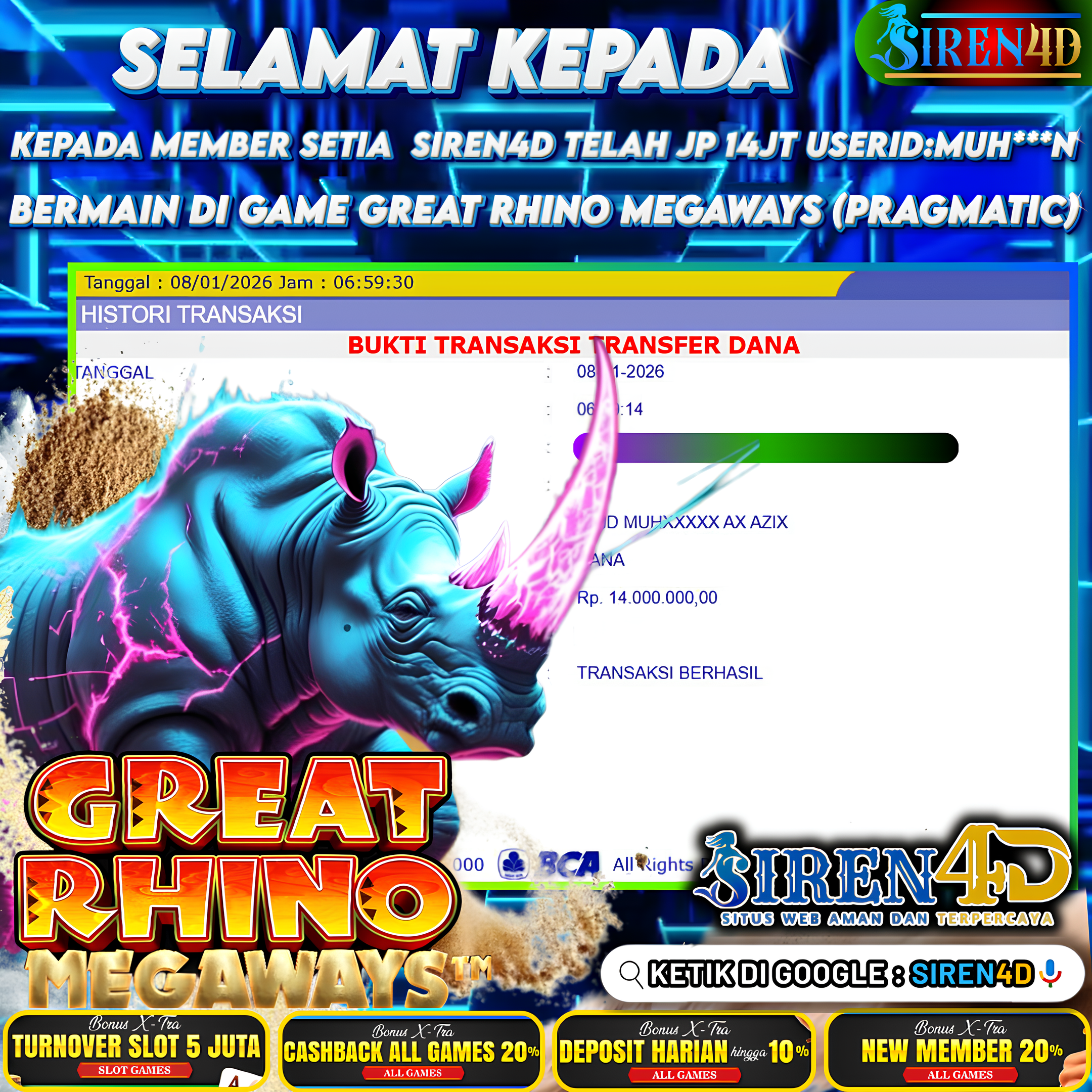 SIREN4D  - TELAH JACKPOT DI GAME GREAT RHINO MEGAWAYS  ( PRAGMATIC)  RP 14JT DIBAYAR LUNAS
