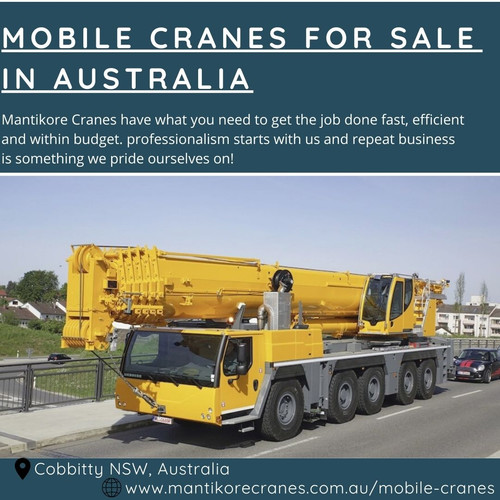 If located in Australia and want to buy mobile cranes for sale in Australia for your construction site? Mantikore Cranes provide ultimate cranes services at affordable price. We are also providing tower cranes, Self-erecting cranes and self-erecting cranes. We have professional who will help you always if sometimes any fault might occur. If you are interested drop your requirement on info@mantikorecranes.com.au or call us at 1300 626 845. 

•	Visit our website: https://mantikorecranes.com.au/mobile-cranes/

You can also follow us on: 

•	Facebook:  https://www.facebook.com/pg/Mantikore-Cranes-108601277292157/about/?ref=page_internal

•	Instagram:  https://www.instagram.com/mantikorecranes/

•	Twitter:  https://twitter.com/MantikoreC