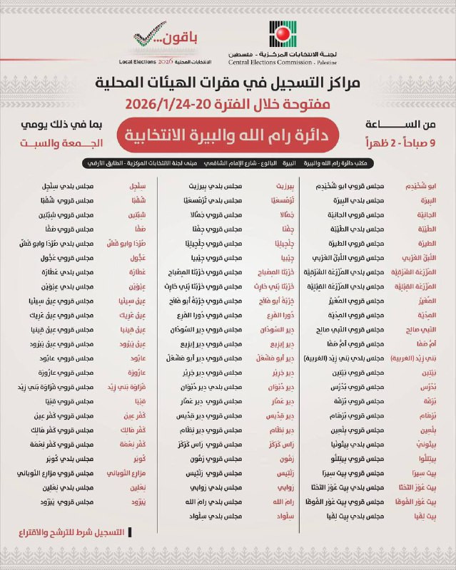 دائرة رام الله والبيرة في لجنة الانتخابات المركزية تنشر قوائم مراكز التسجيل إذ تفتح أبوابها من ١/٢٠ إلى ١/٢٤ من الساعة التاسعة صباحًا إلى الساعة الثان...