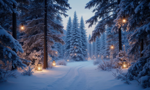vecteezy a snowy path through the woods with lights 72608052.jpg