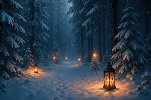 vecteezy snowy winter forest path with lanterns 72354165.jpg
