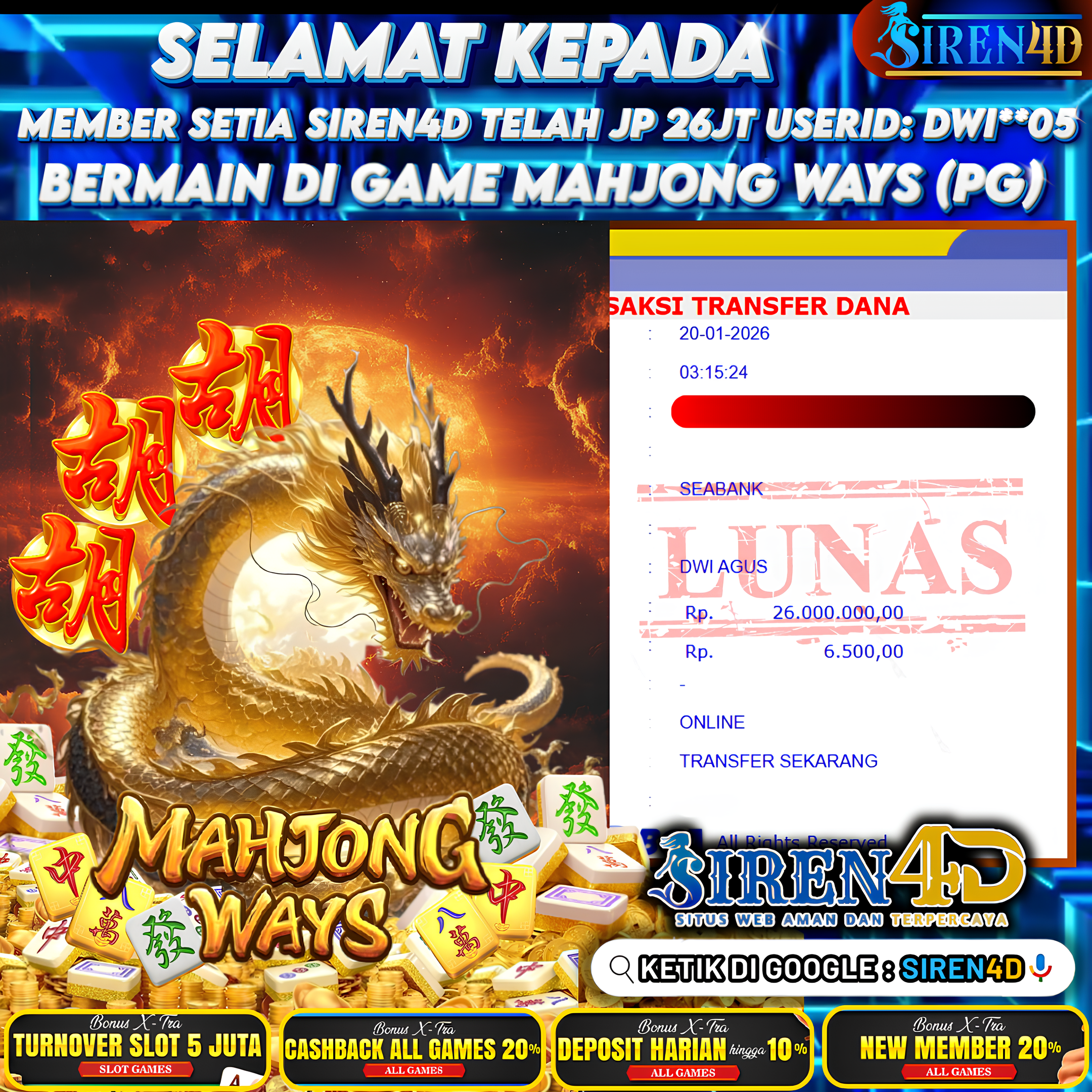 SIREN4D  - TELAH JACKPOT DI GAME MAHJONG WAYS (PG)  RP 26JT DIBAYAR LUNAS
