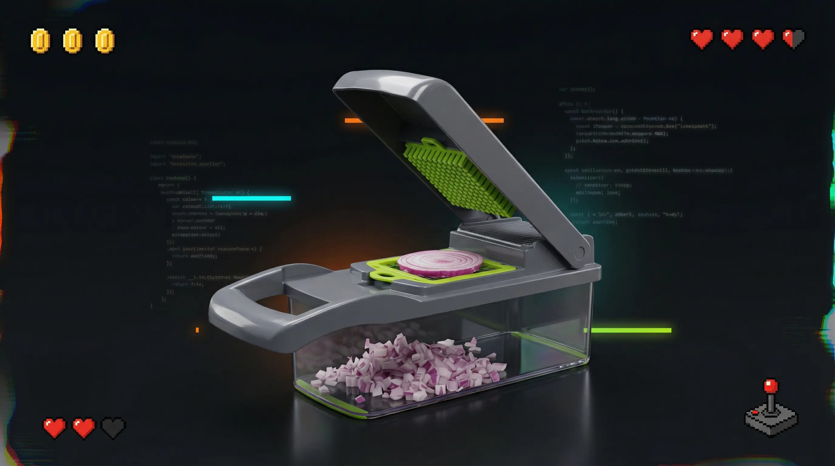 Utensílio prático exibido com diversos tipos de alimentos fatiados, evidenciando sua versatilidade.
ALT_IMAGE_3 = Detalhe das lâminas do ralador de cozinha, demonstrando qualidade e variedade para diferentes cortes.