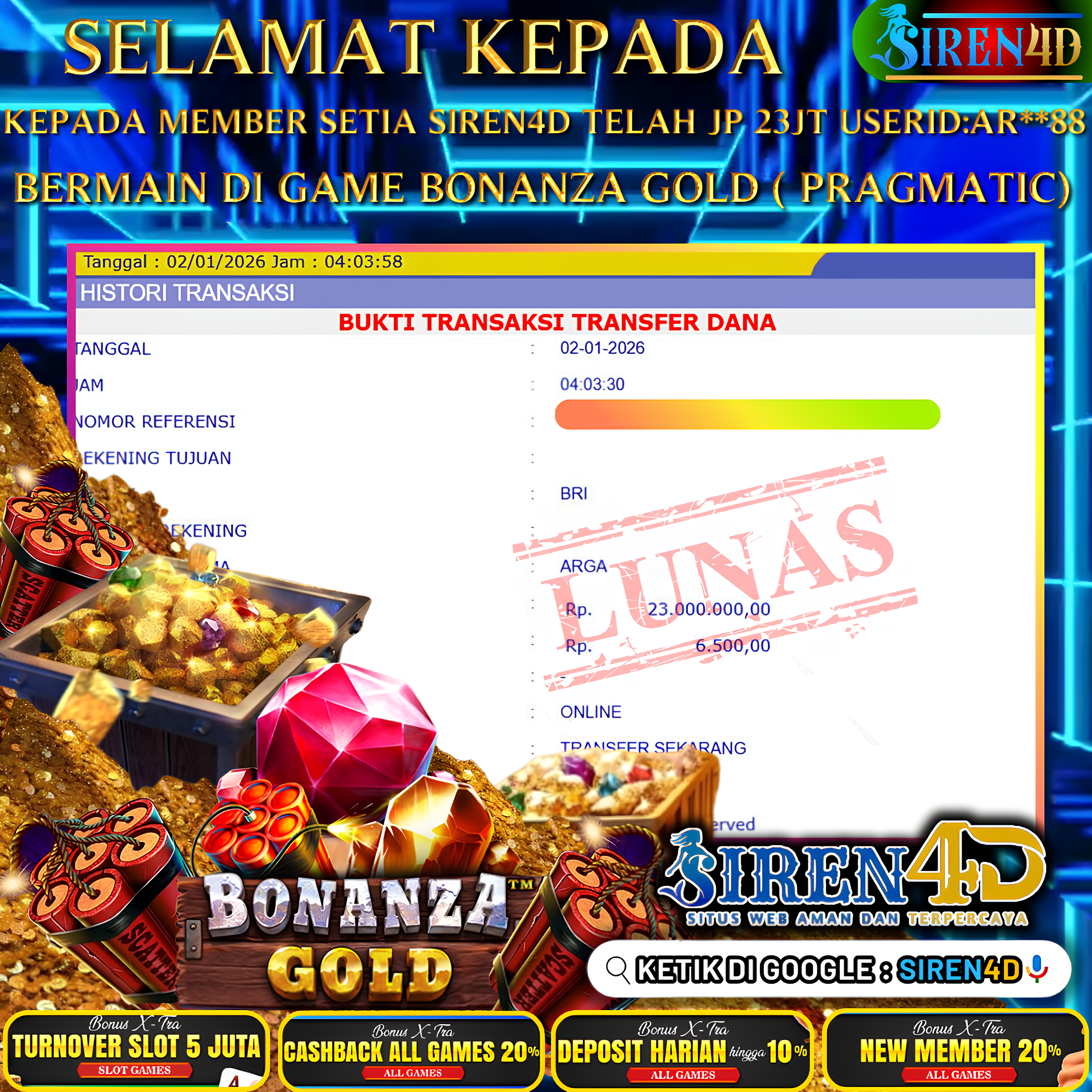 SIREN4D  - TELAH JACKPOT DI GAME BONANZA GOLD ( PRAGMATIC)  RP 23JT DIBAYAR LUNAS