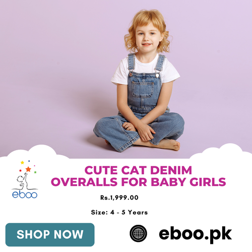 Cute Cat Denim Overalls for Baby Girls.png