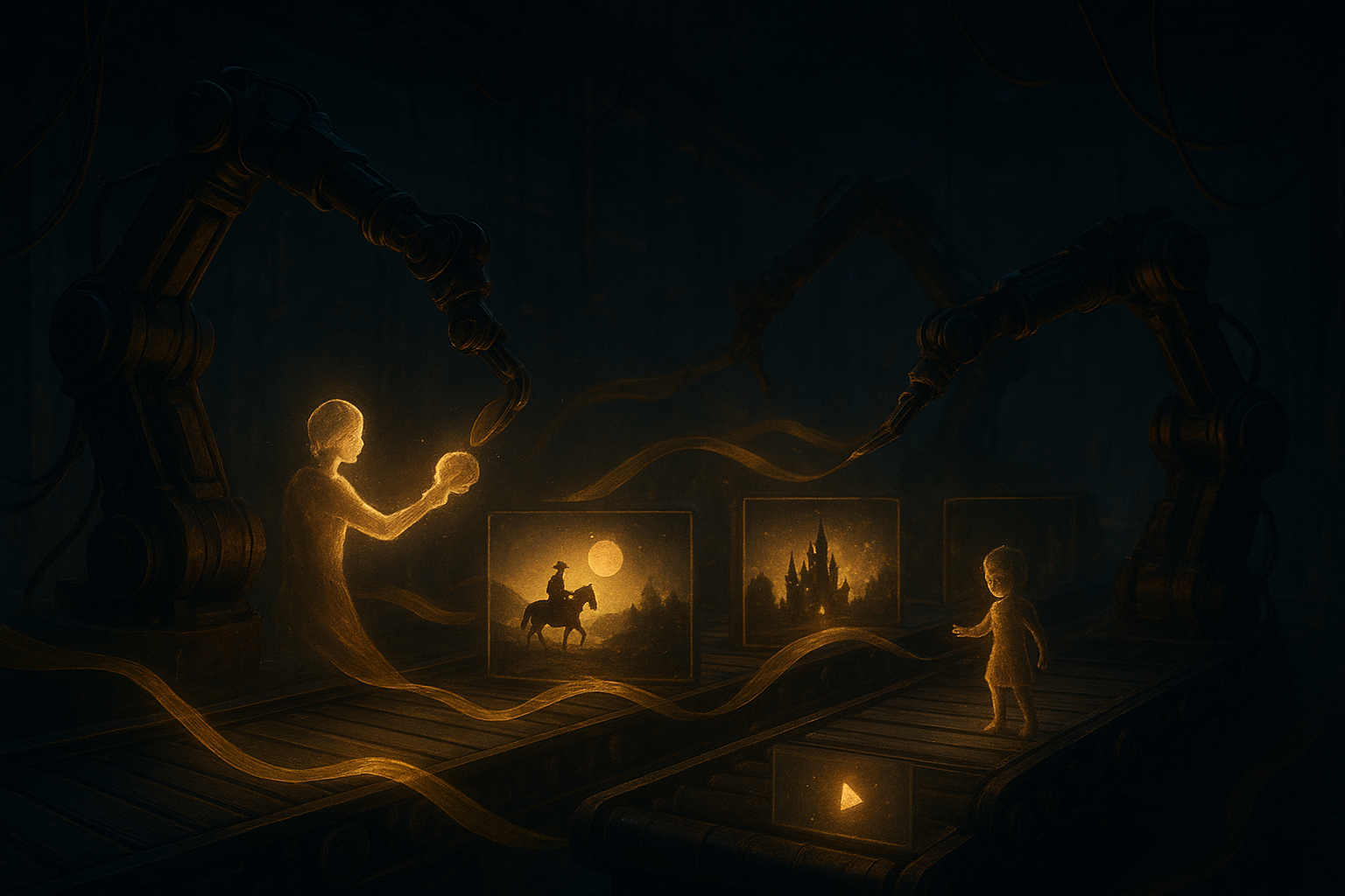A surreal factory assembling stories: robotic arms sculpt characters from light, conveyor belts carry scenes, golden ribbons of narration weave through frames, culminating in a gleaming final video. Cinematic lighting, ultra-detailed, moody atmosphere, concept art realism.